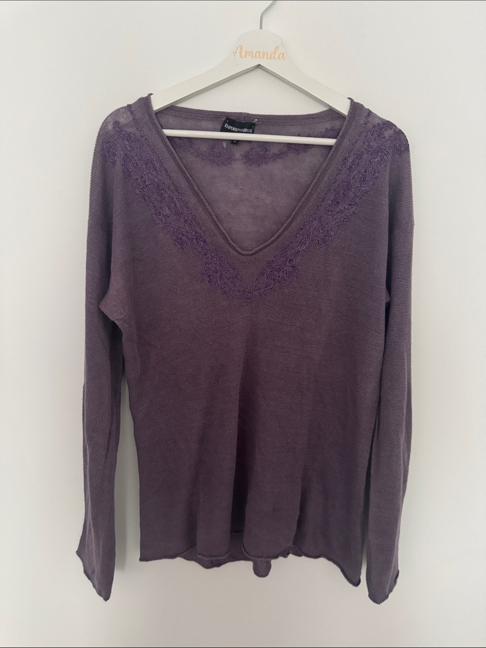 Emporio Armani Lavender V-Neck Lace Trim Long Sleeve Top